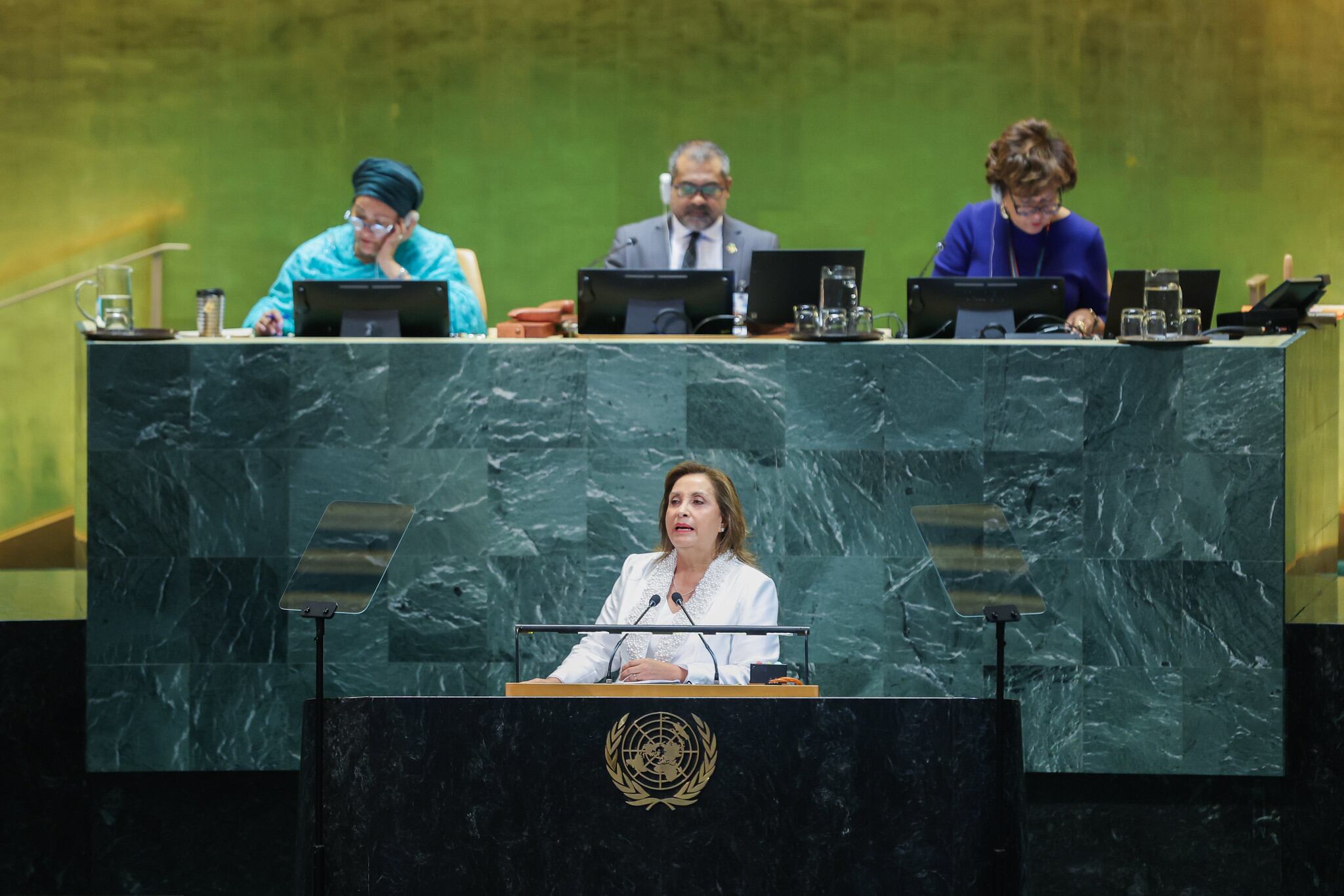 La presidenta Dina Boluarte durante su discurso en la 80° Asamblea General de las Naciones Unidas. (Foto: Presidencia)