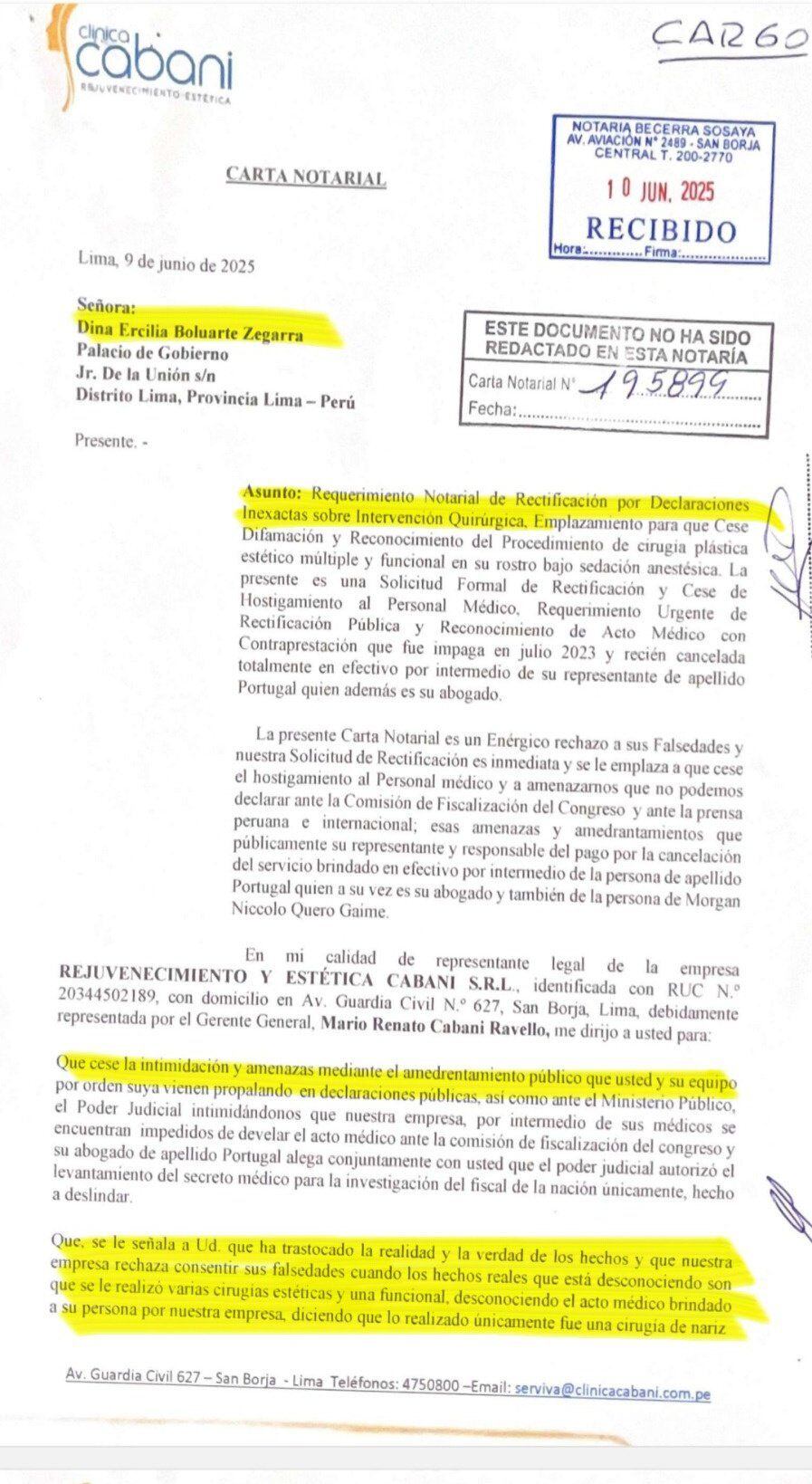 Carta notarial de Mario Cabani.