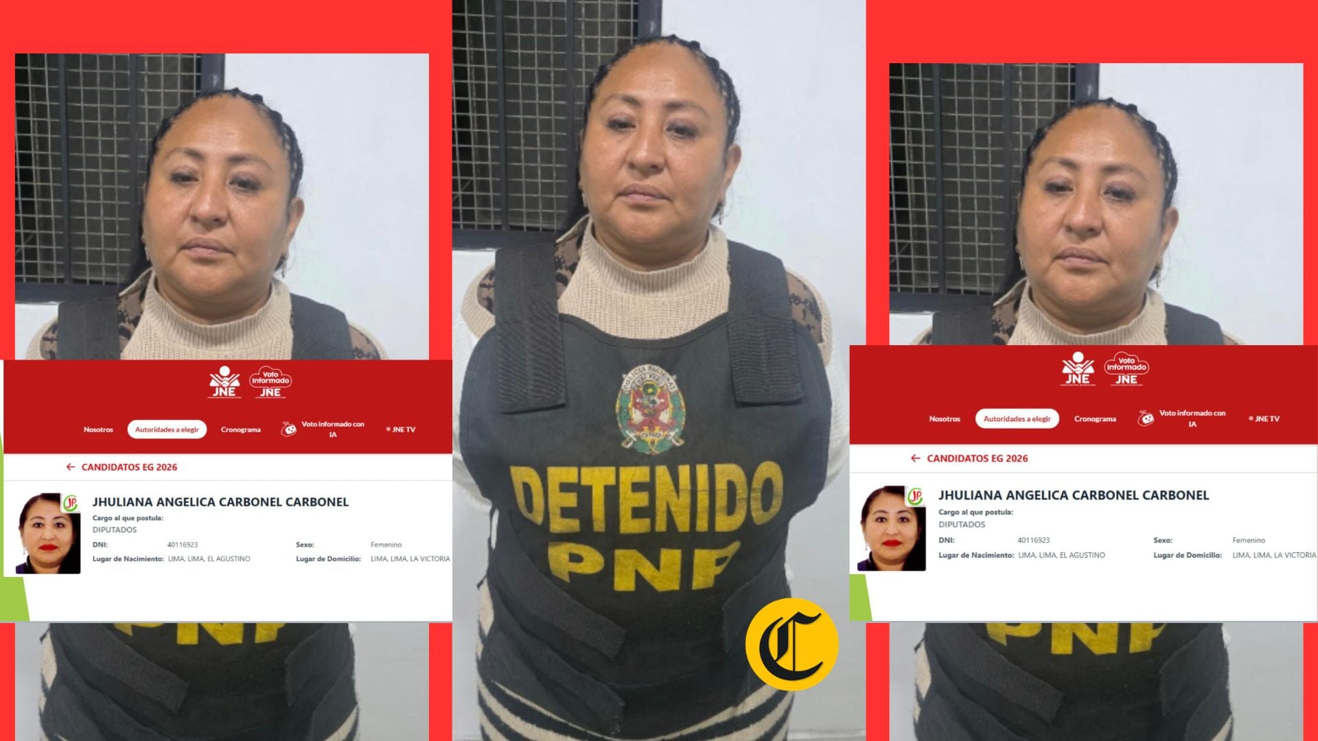 Jhuliana Angélica Carbonel Carbonel detenida por estra involucrada en la organización criminal 'Los Pulpos de La Victoria'. Foto: PNP / Composición El Comercio
