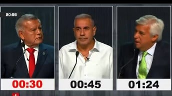 Tenso momento en el debate cuando Olivera acusa a Acuña de graves hechos delictivos en el primer debate presidencial. (Captura TV Perú)