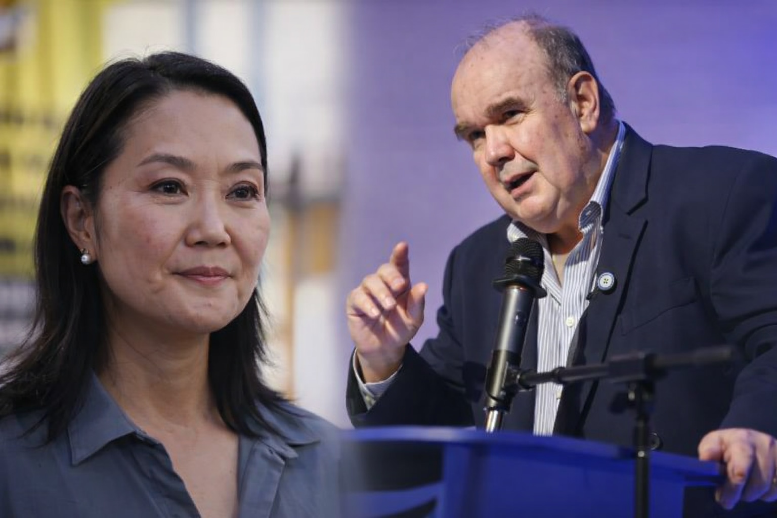 Keiko Fujimori y Rafael López Aliaga comparten el primer lugar dentro del margen de error. (Foto: ChatGPT /Andina)