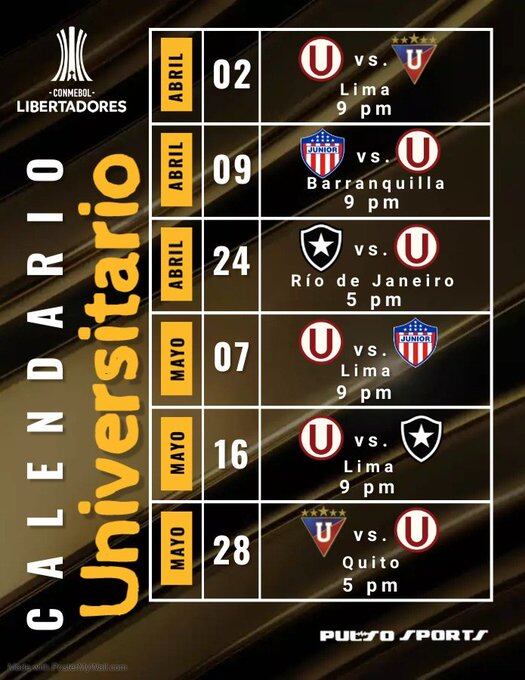 Asi será el calendario de Universitario en el Grupo D de la Copa Libertadores (@pulsosport )