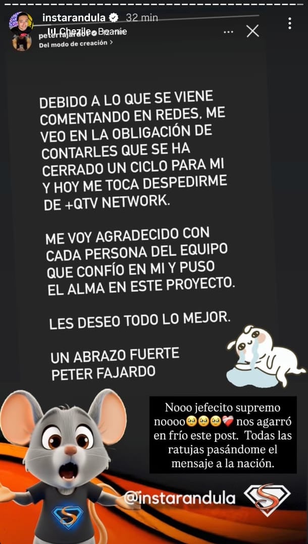Peter Fajardo anunció su salida del canal de streaming '+QTV' y agradece la oportunidad.