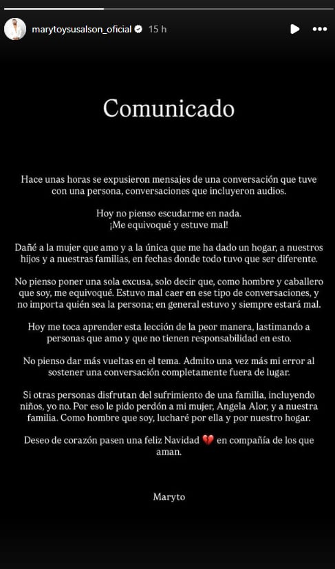 Comunicado del salsero luego que Silvana Plasencia lo expusiera en redes.