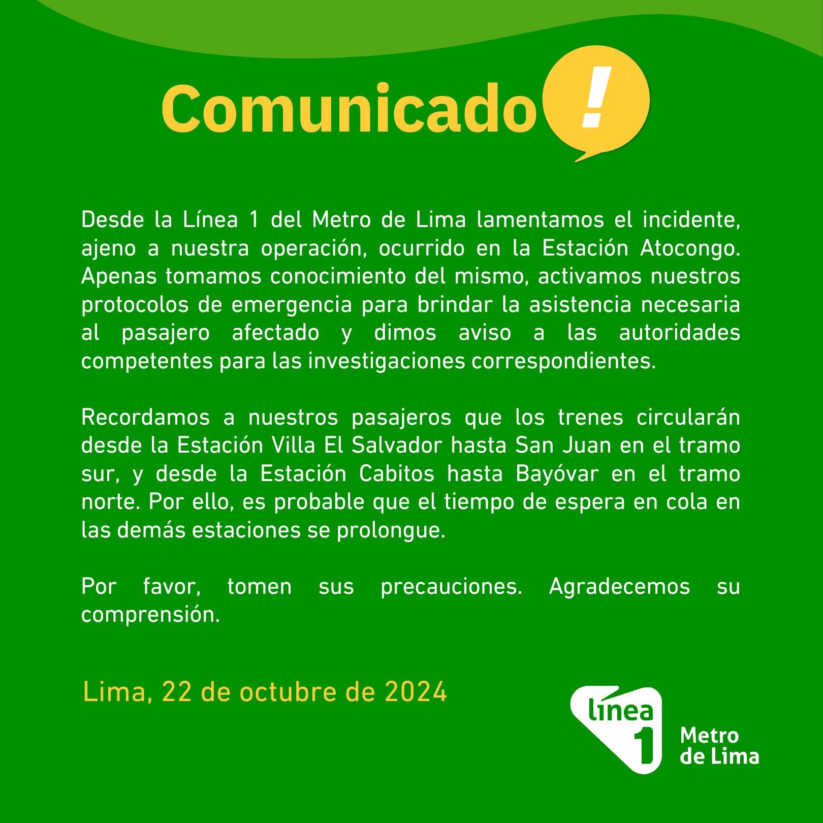 Comunicado de la Línea 1 del Metro de LIma.