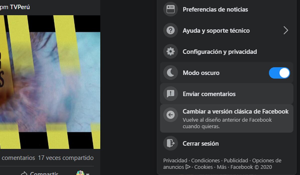 El "modo oscuro" se puede activar desplazando la barra de Ajustes. (Foto: Facebook)
