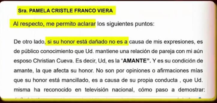 Pamela López responde a carta notarial de Pamela Franco