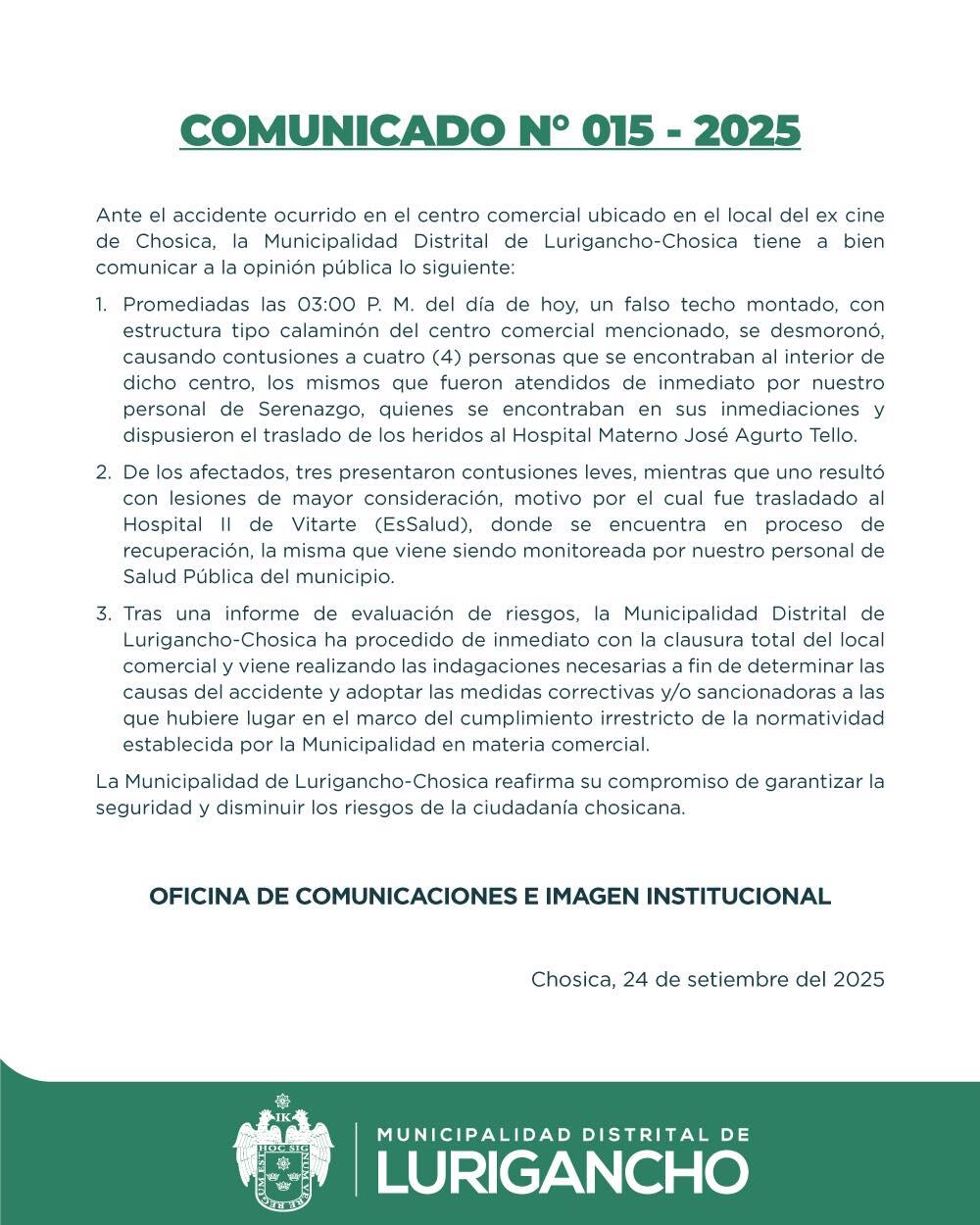 La Municipalidad de Lurigancho-Chosica se pronuncia tras derrumbe del techo.