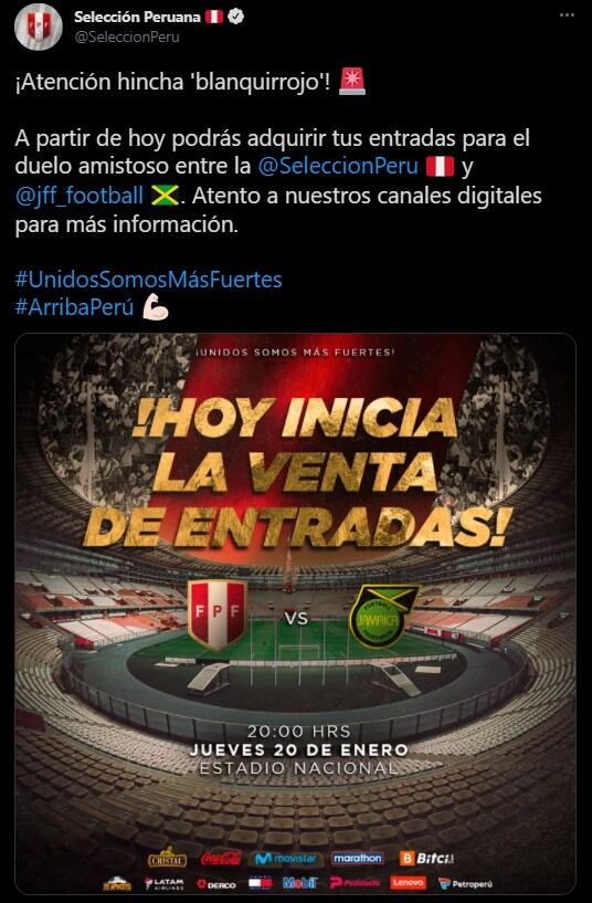 Este martes arrancó la venta de entradas para ver el amistoso de Perú vs. Jamaica. (Foto: Twitter)