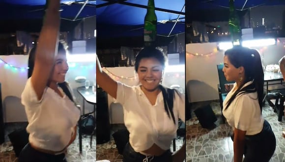 Estrella Torres baila con la botella en la cabeza y Kevin Salas se sorprende