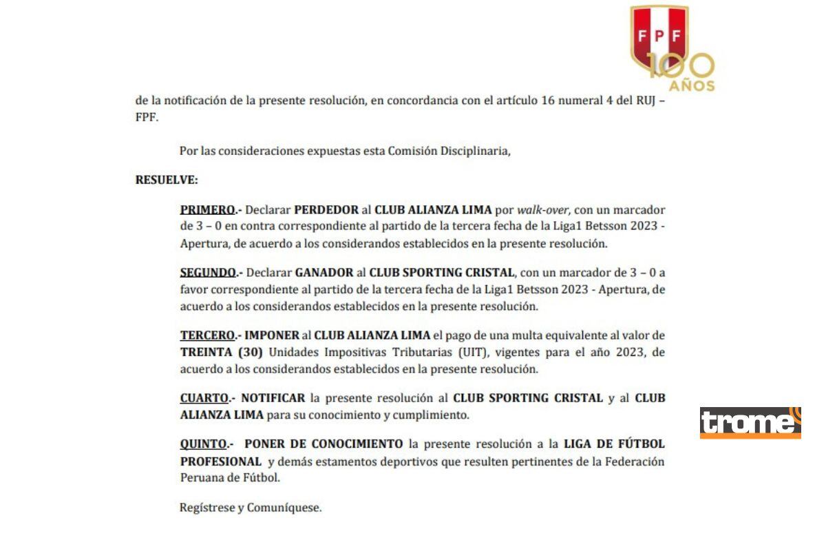 Comisión Disciplinaria envió resolución a 'clubes rebeldes' (@tufpf)