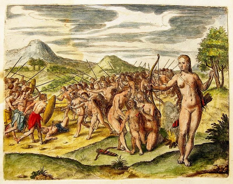 Mujeres guerreras del Amazonas. Grabado de Theodore de Bry, 1599.jpg