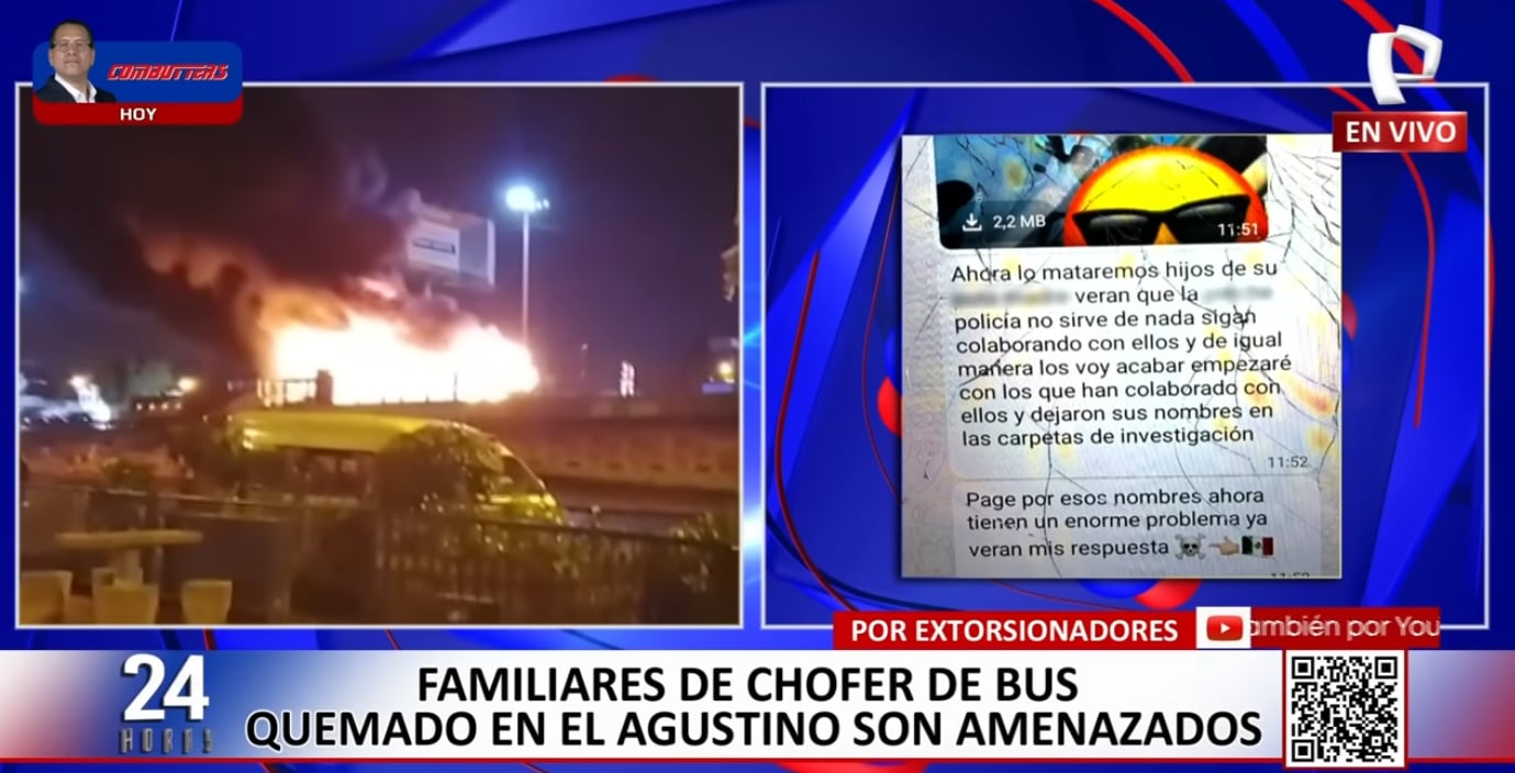 Familia de chofer que murió tras ataque a bus por extorsionadores, es amenazada y recibe mensaje.