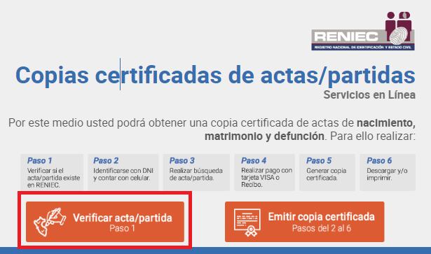 En la sección trámites en línea ubica la opción de Copias Certificadas de Actas/Partidas y das clic sobre el botón “Verificar actas”.