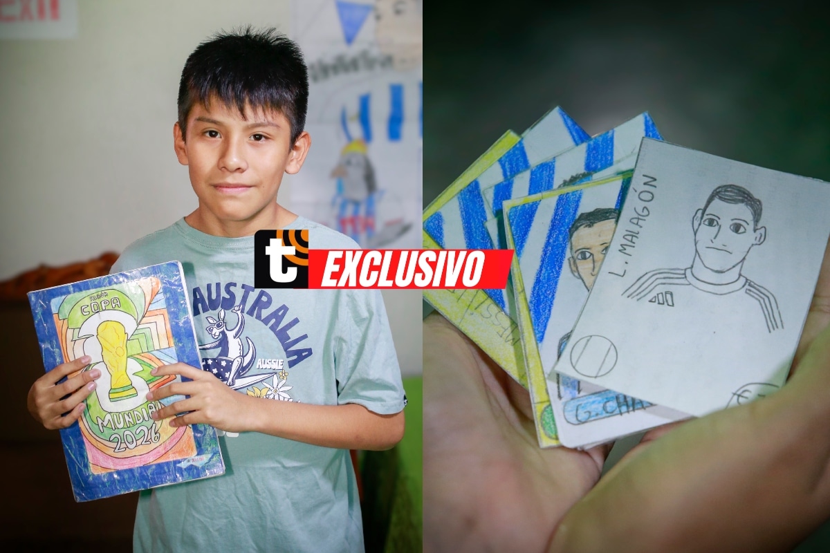 Con creatividad, paciencia y mucho amor por el fútbol, Mathías Flores, de 11 años, decidió elaborar su propio álbum del Mundial cuando descubrió que no podía comprar el original. Foto: César Bueno.