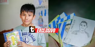 Con creatividad, paciencia y mucho amor por el fútbol, Mathías Flores, de 11 años, decidió elaborar su propio álbum del Mundial cuando descubrió que no podía comprar el original. Foto: César Bueno.