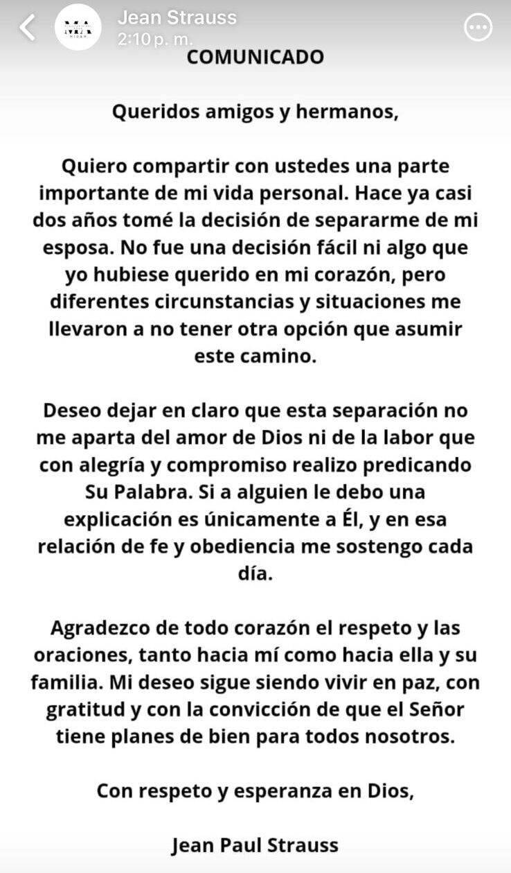 Jean Paul Strauss lanza comunicado anunciando su separación.