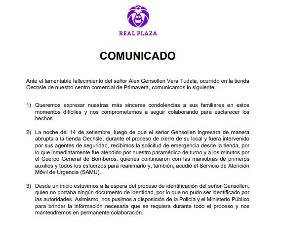 Real Plaza emitió un comunicado tras muerte de ciudadano por parte de miembros de seguridad