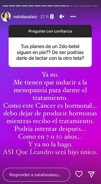 Natalia Salas respondió a usuario de Instagram que le preguntó por si tendrá otro hijo. (Foto: Instagram)