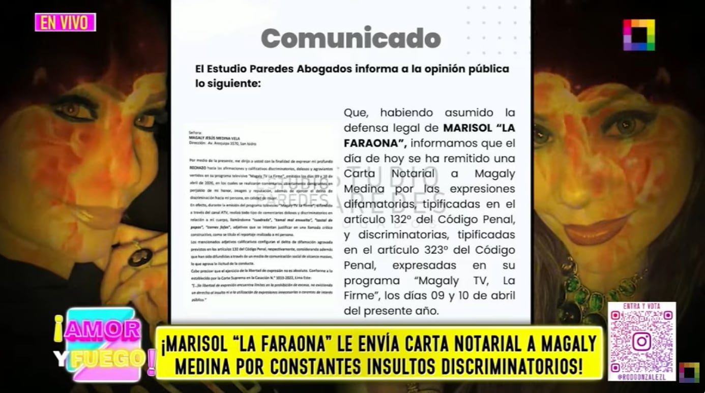 Marisol envía carta notarial a Magaly Medina por sus expresiones hacia su persona y exige disculpas.