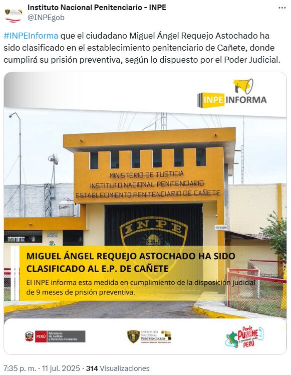 INPE informa que empresario que estrelló su camioneta contra 'El Charrúa', fue trasladado al penal de Cañete.