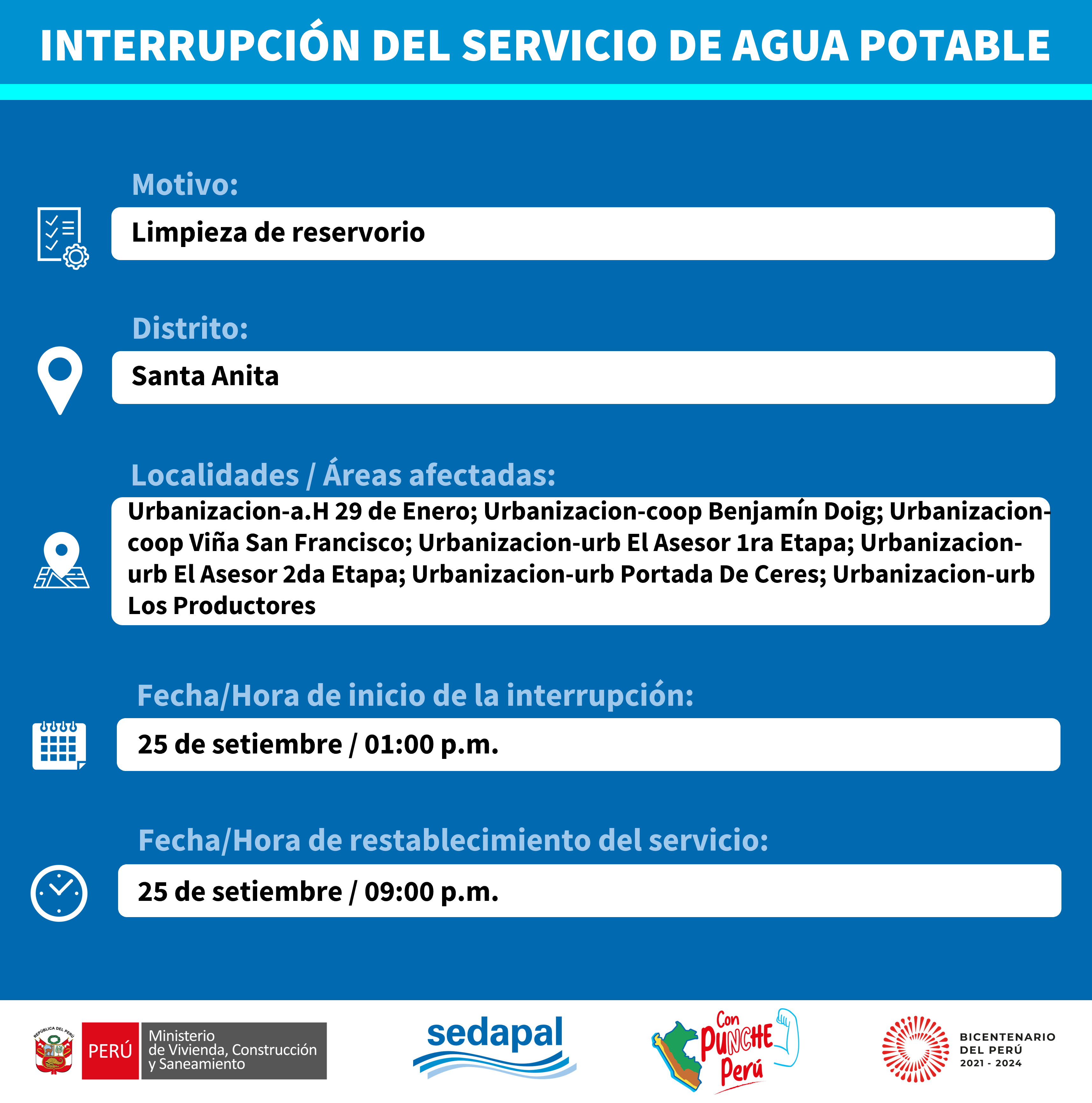 Corte de agua para el 25 de setiembre.