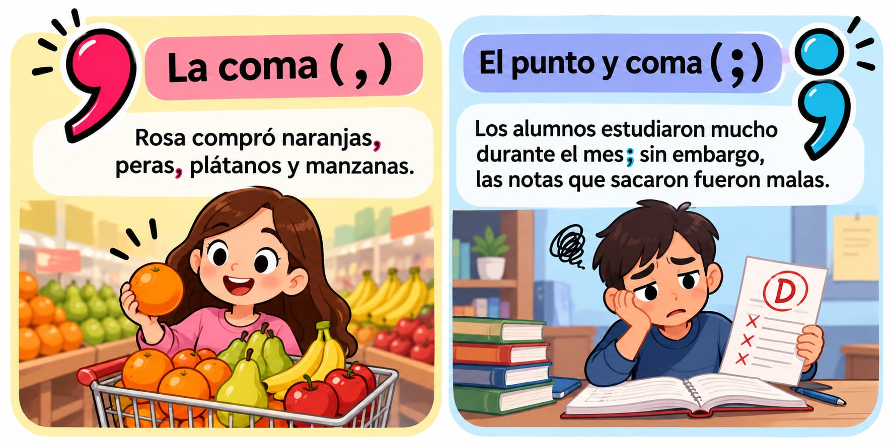 La coma y el punto y coma cumplen funciones distintas en la escritura. Foto: Chat GPT.
