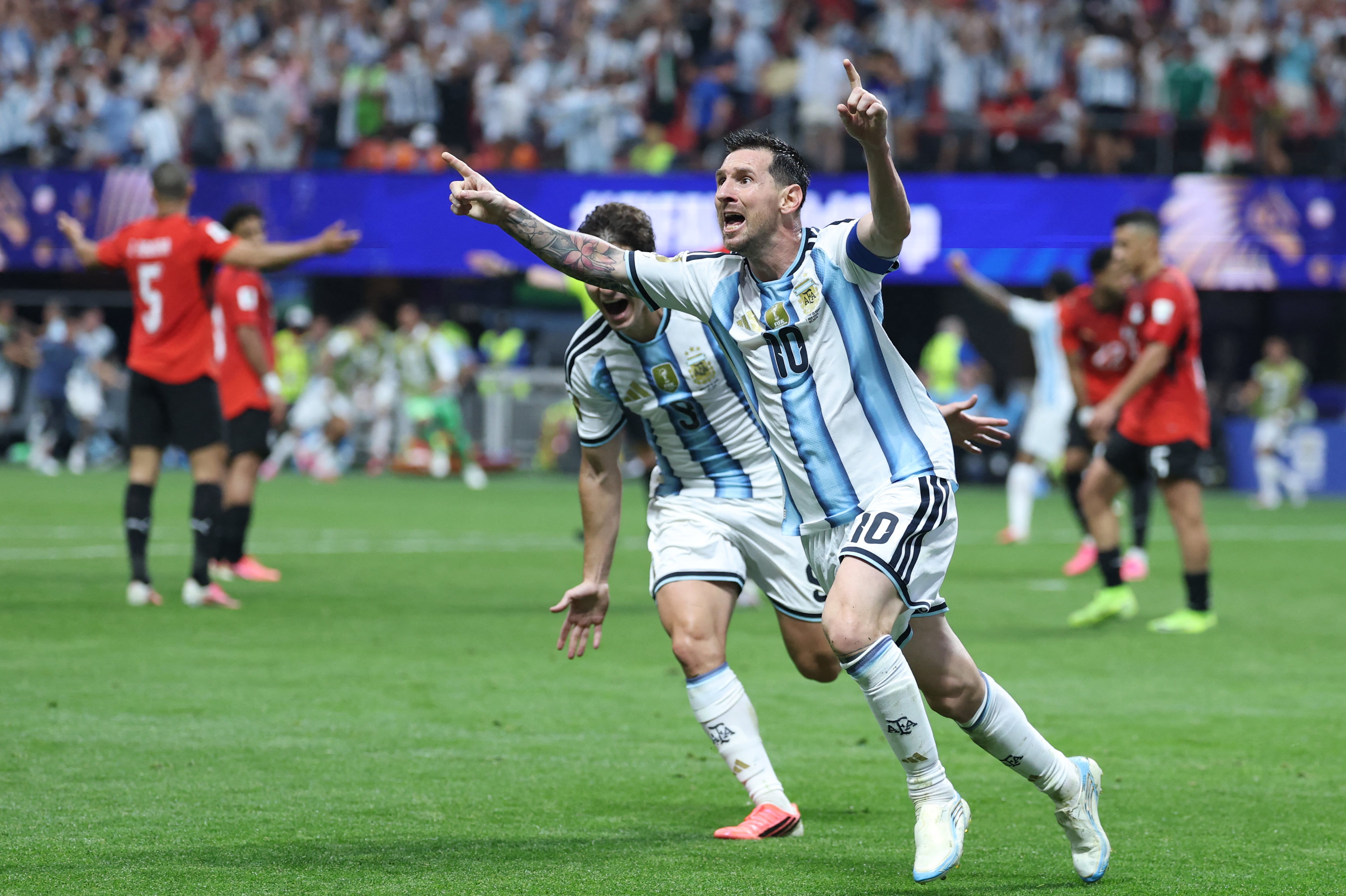 Argentina's forward #10 Lionel Messi celebrates scoring his team's second goal during the 2026 World Cup round of 16 football match between Argentina and Egypt at Atlanta Stadium in Atlanta on July 7, 2026. (Photo by Thomas COEX / AFP)
