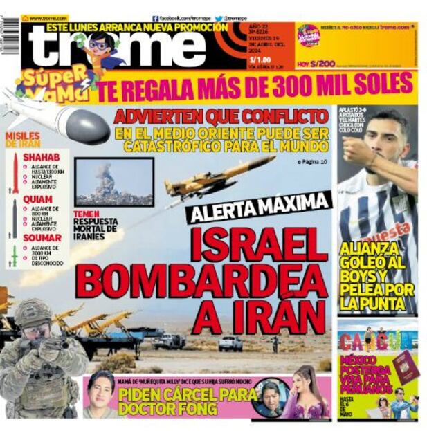 Portada impresa de Trome del viernes 19 de abril de 2024