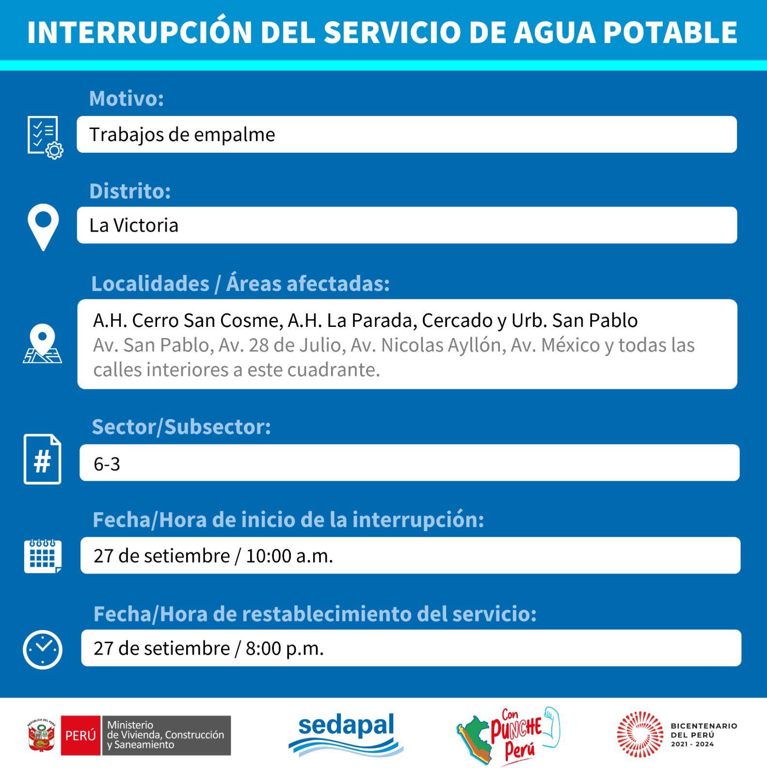 Corte de agua para el 27 de setiembre.