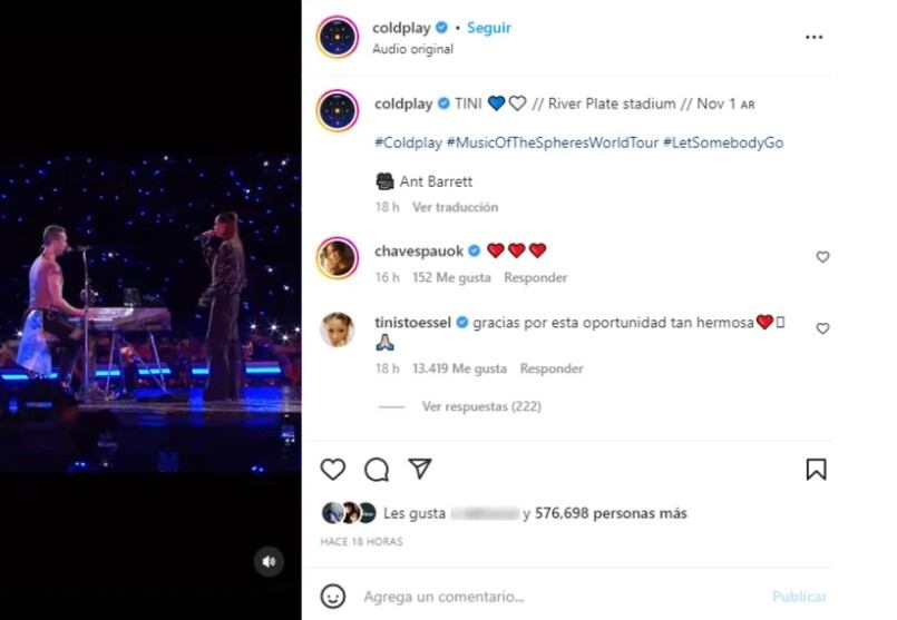 Ambos cantantes se dedicaron publicaciones de elogio vía Instagram (Foto: Coldplay / Instagram)