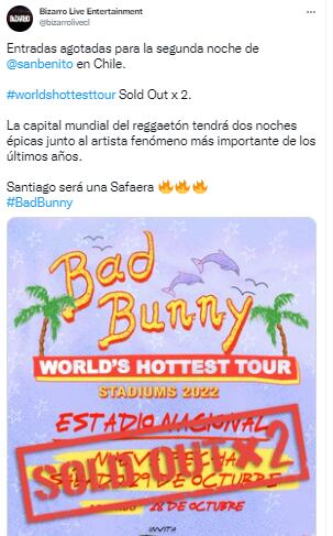 Usuarios agotaron las entradas para el segundo concierto de Bad Bunny en Chile. Foto: Bizarro Entertainment