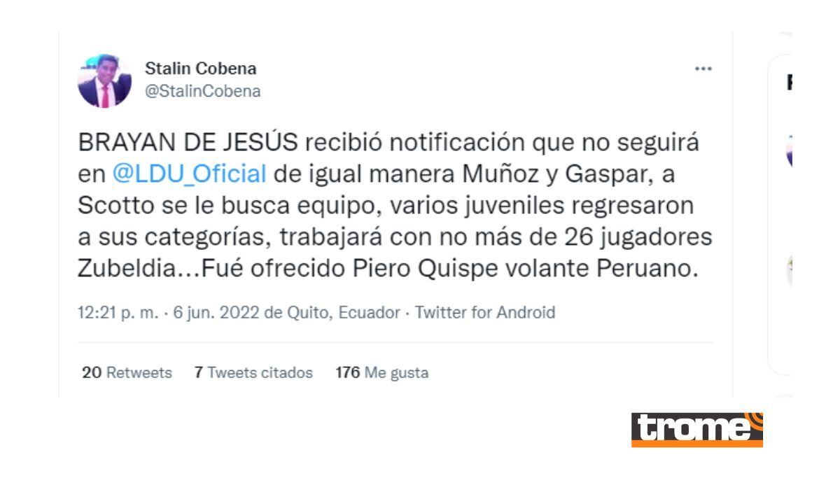 Piero Quispe entró en el recuento de posibles refuerzos para LDU (Twitter)