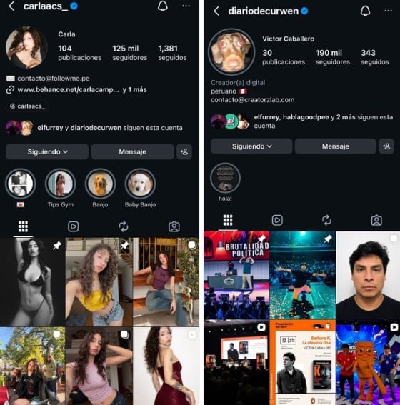 Redes sociales de Curwen y Carlita, Instagram.