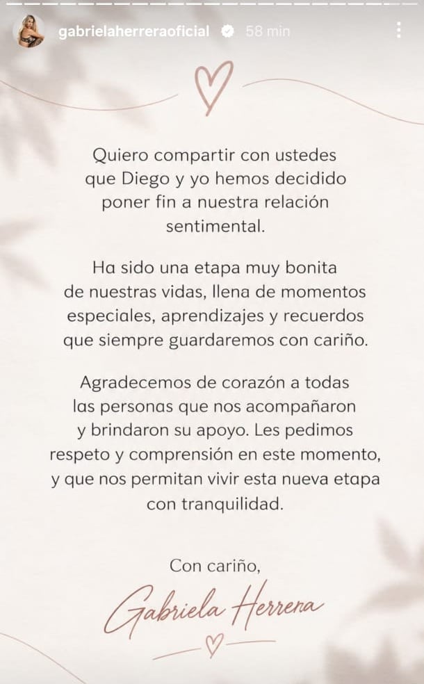 Gabriela Herrera anuncia el fin de su relación con Diego Chávarri y lanza comunicado.