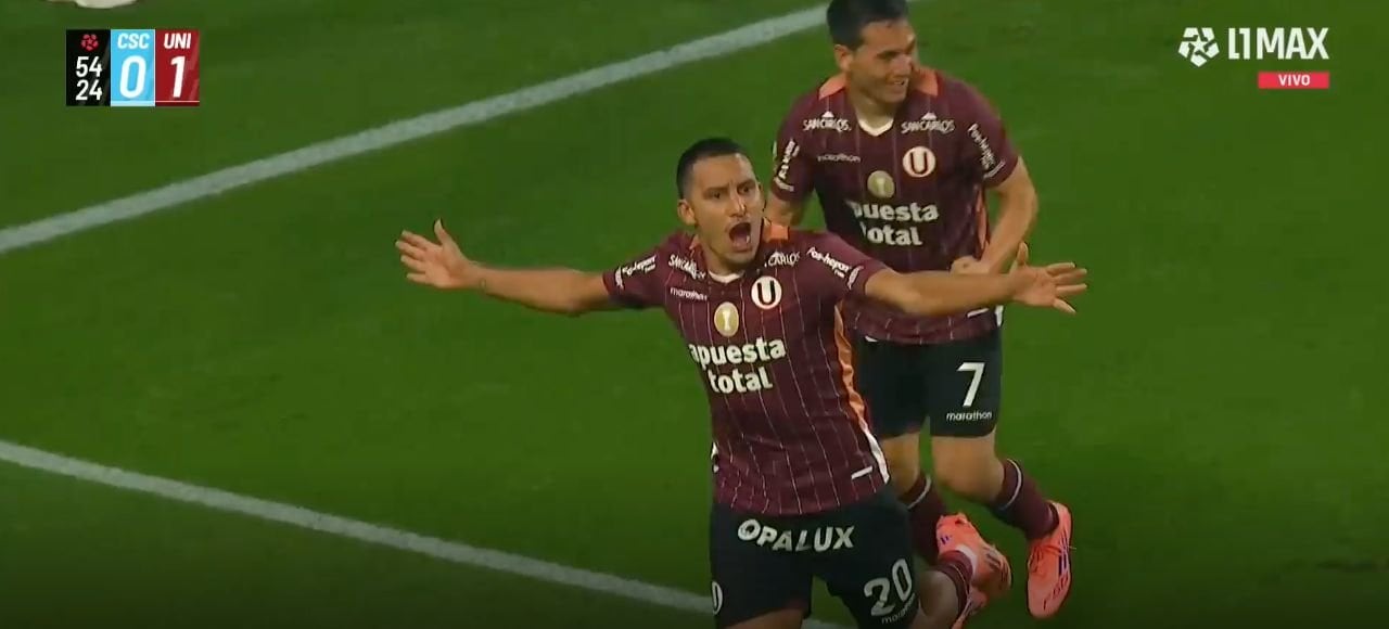 Alex Valera abrió el marcador a favor de Universitario vs. Sporting Cristal por la fecha 14 del Torneo Clausura de la Liga 1. (Foto: Captura L1MAX)