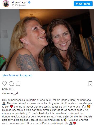 Almendra Gomelsky utilizó su cuenta de Instagram para despedirse de su fallecida hermana. Foto: Cuenta de Instagram de Almendra Gomelsky