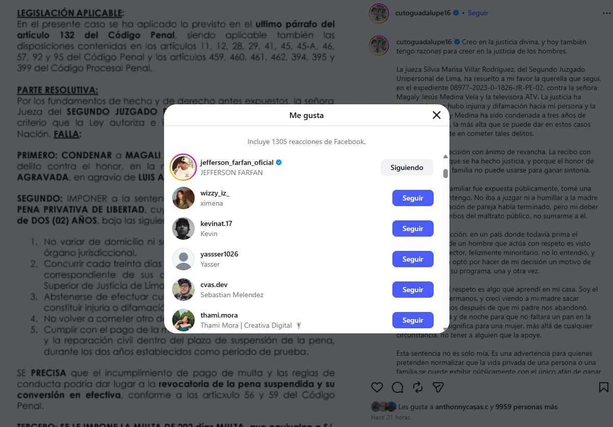 Jefferson Farfán reacciona a condena de Magaly Medina y le da like a publicación de 'Cuto' Guadalupe.