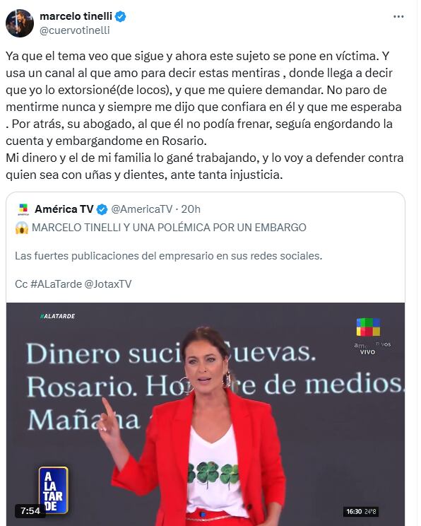 Novio de Milett Figueroa lanza potentes misiles contra canal argentino. (X: @cuervotinelli)