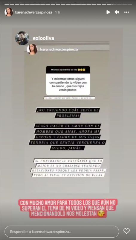 Karen Schwarz cuadra a fan que le recordó su video íntimo
