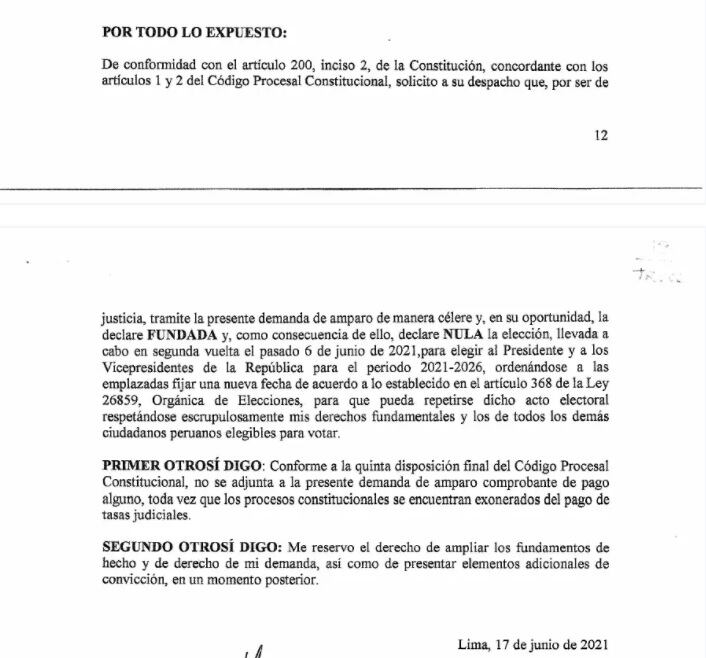 Acción de amparo presentado por Javier Villa Stein para anular segunda vuelta. (Foto: Poder Judicial)