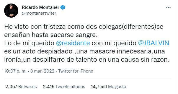 Ricardo Montaner se pronunció vía Twitter sobre la "tiradera" de Residente a J Balvin. (Foto: Captura de Twitter)