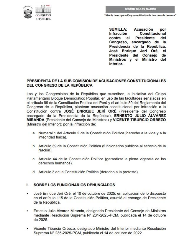 Congresista presenta una denuncia constitucional contra José Jerí, su premier y su ministro del Interior.