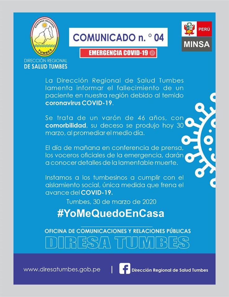 La Diresa Tumbes dará mañana los detalles sobre el primer deceso por COVID-19 en Tumbes. (Foto: Diresa Tumbes)