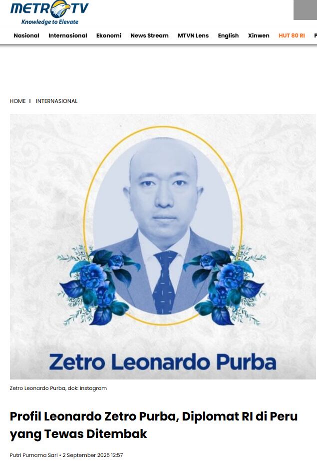 MetroTV, cadena de televisión noticias de Indonesia, informa sobre el fallecimiento de Purba en Lima.