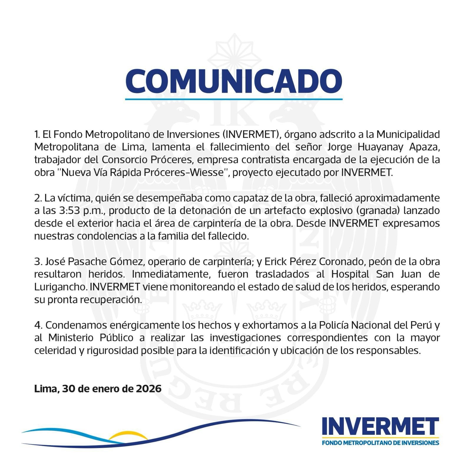 INVERMET confirma fallecimiento del capataz de la obra pública tras explosión de artefacto lanzado.