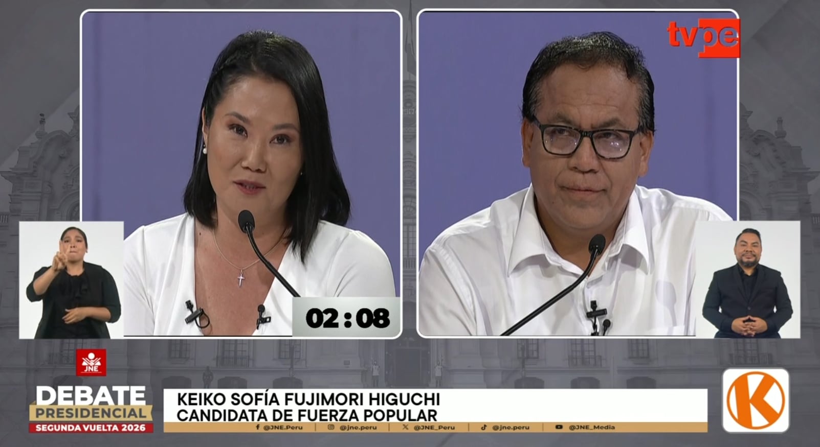 Keiko Fujimori y Roberto Sánchez tienen tenso momento en el debate. Ella dijo que tiene en sus filas a Antauro Humala y él dijo que ella apoyó a Dina Boluarte.