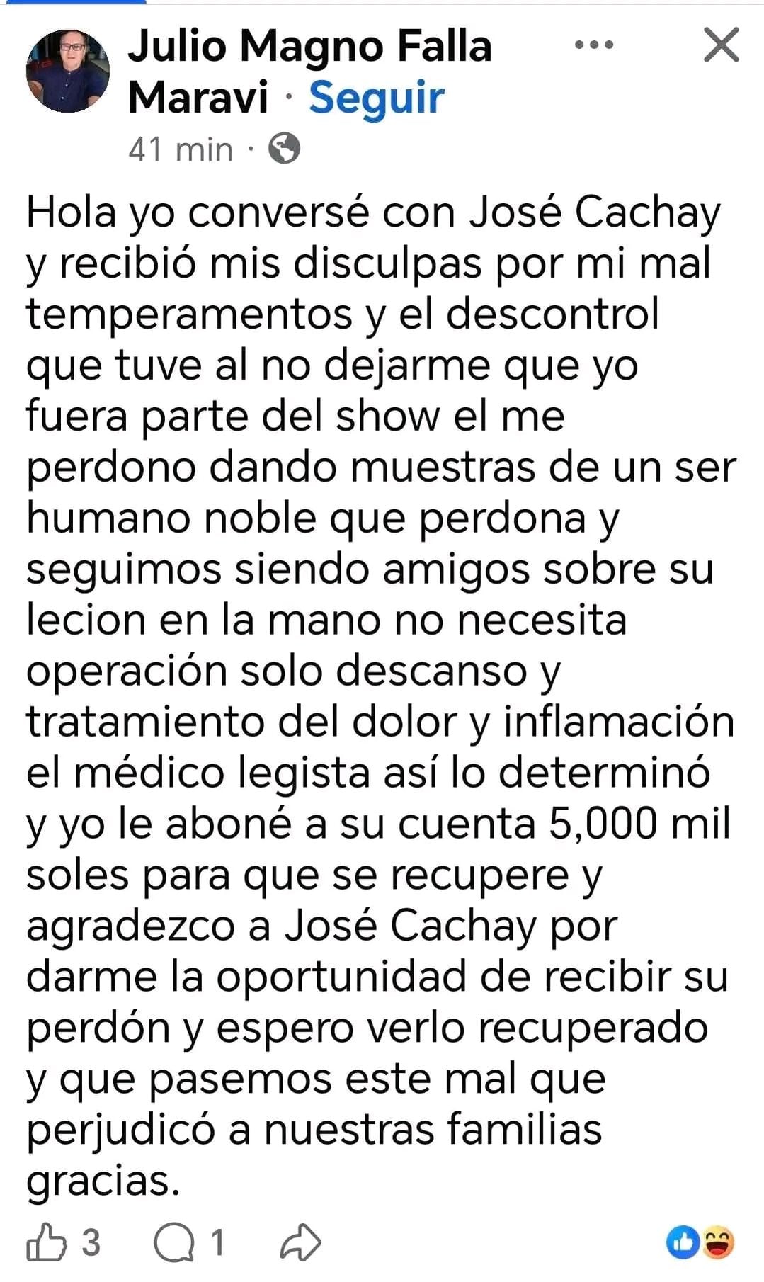 Comunicado de Julio Falla (Facebook)