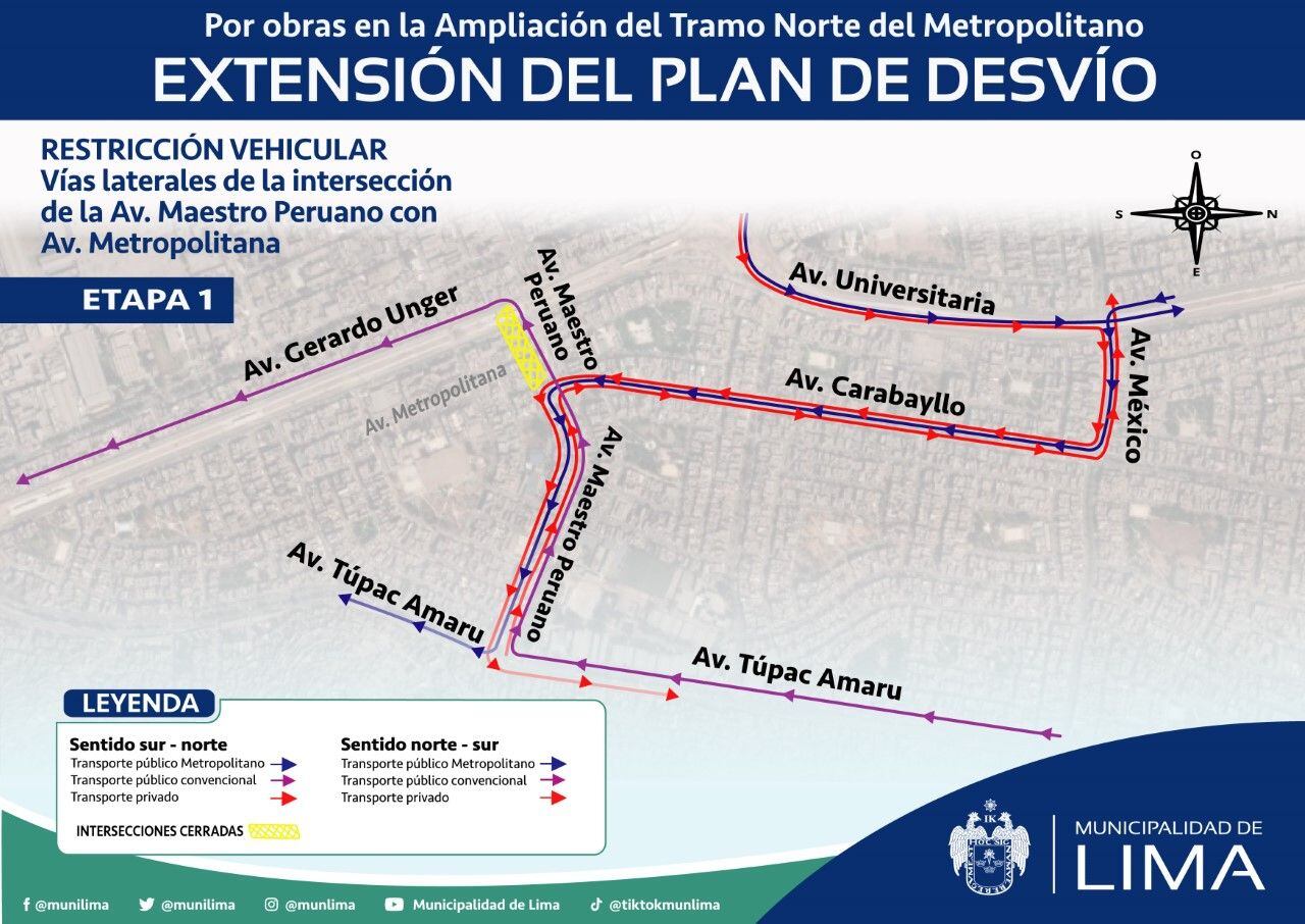Cierre de calles en Comas por obras de ampliación del Metropolitano.