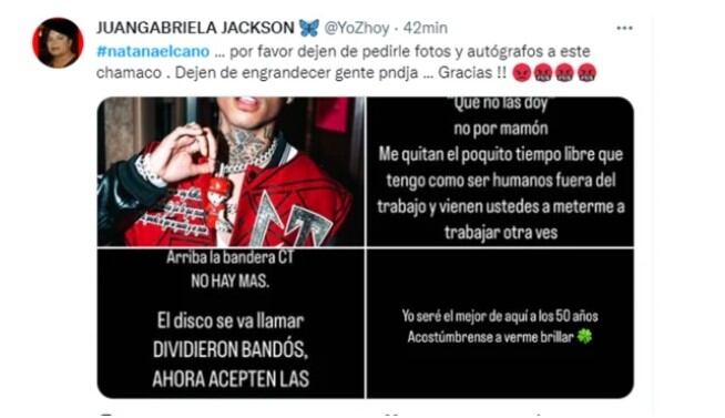 Con un mensaje directo, una internauta le respondió las historias de Cano en Twitter. (Foto: JuanGabrielaJackson/Twitter)